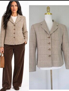 Vintage Talbots Wool Cashmere Angora Houndstooth Blazer USA 14 Fits M/L